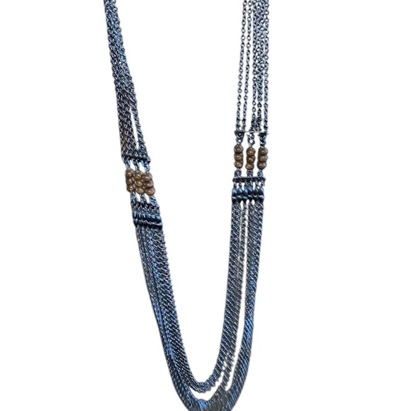 Boho style silver tone and wood bead long layered chain necklace - Picture 5 of 7